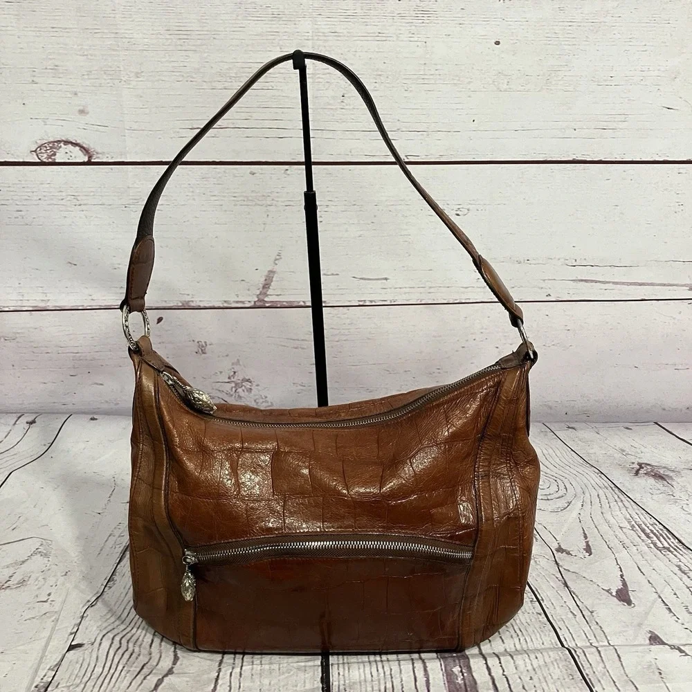 Brighton Cognac‎ Brown Croc Embossed Leather Shoulder Bag Hobo Top Zip